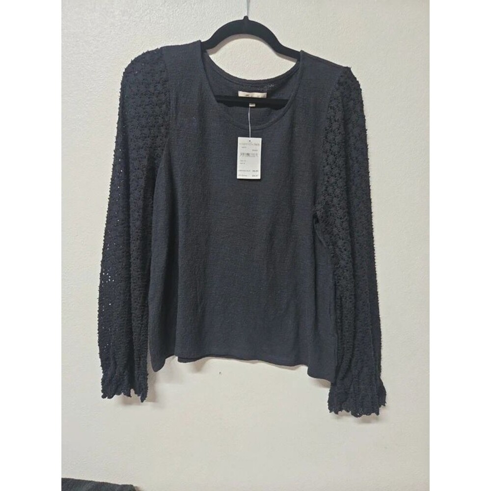 Madewell Texture & Thread Eyelet Mix Ruffle Sleeve Top Black Size M NWT
